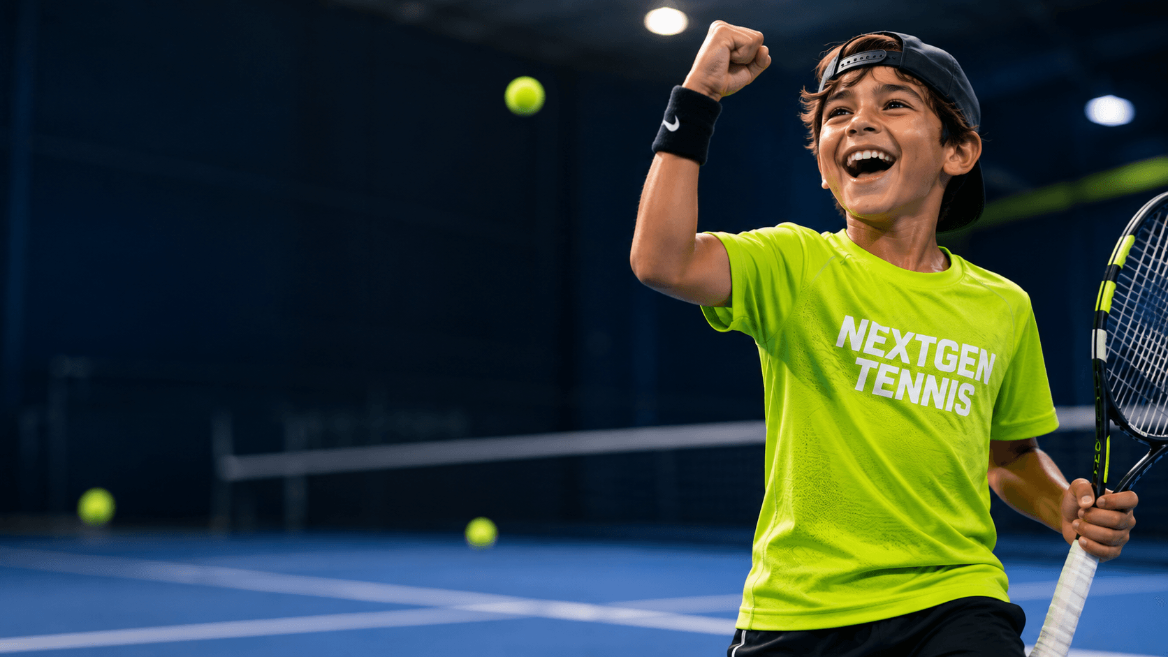 A young NextGen Tennis player in a lime team shirt pumps his fist and grins after a great point on an indoor court